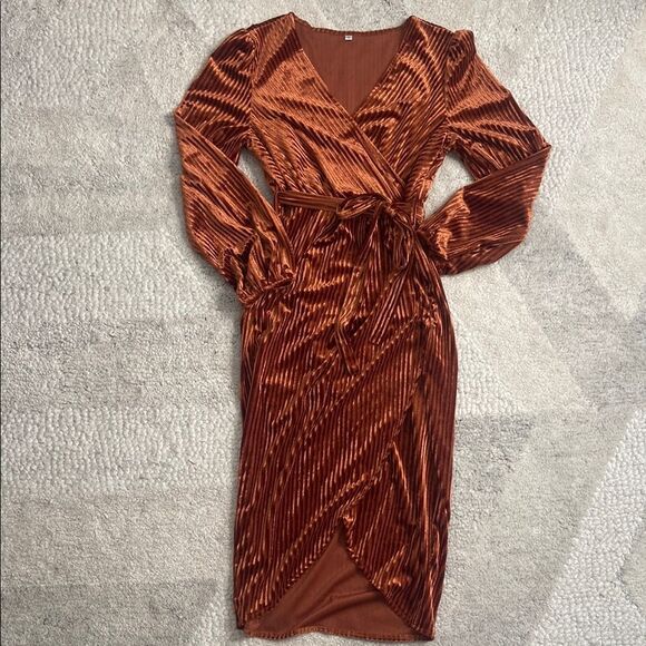 Rust Velvet Ribbed Wrap Dress - Picture 1 of 10